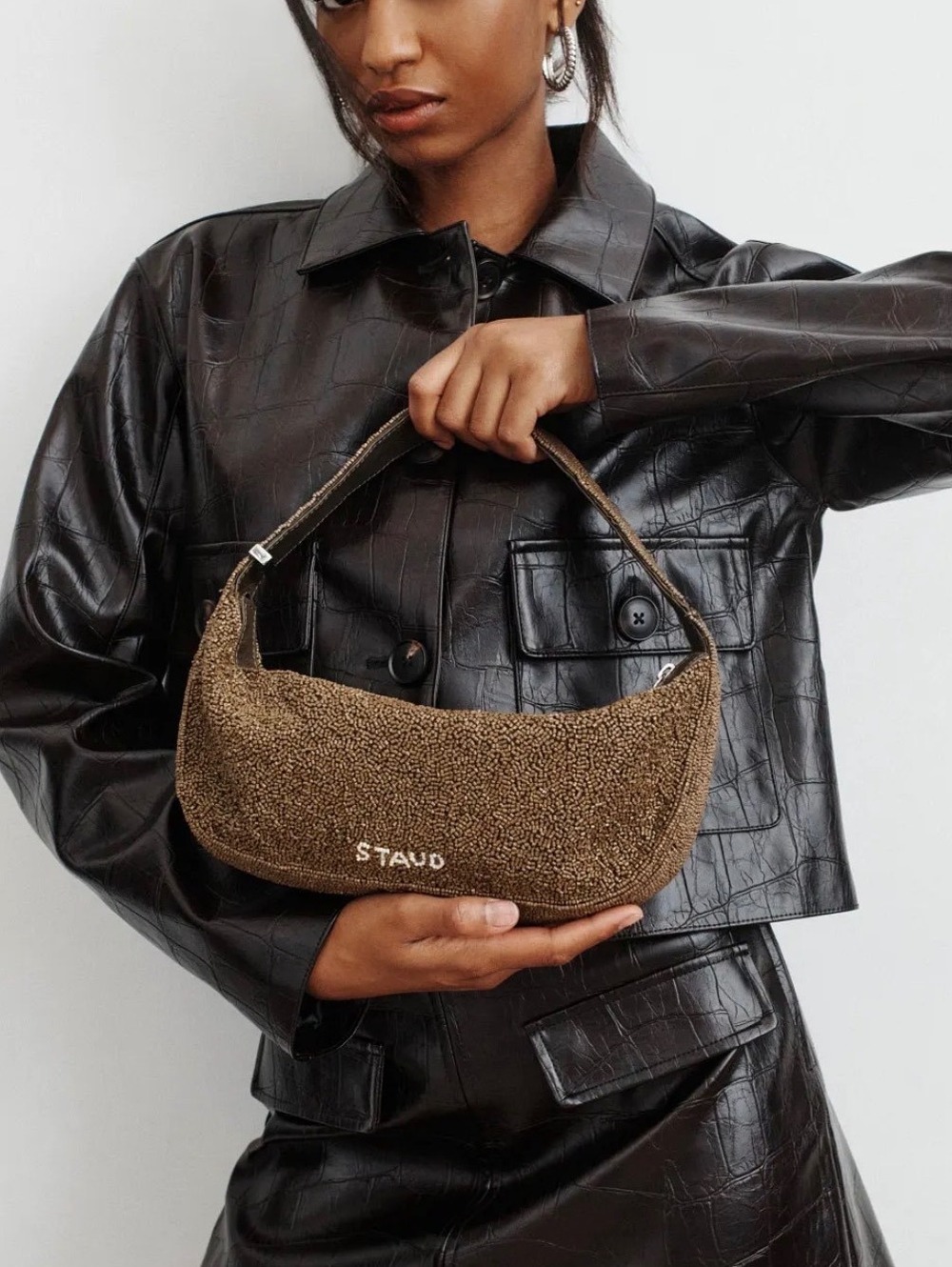 STAUD women's Brown Beaded Embellished Demy Shoulder Bag